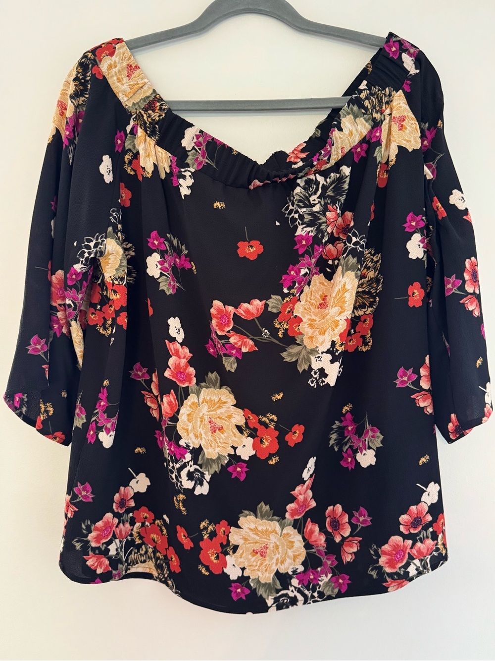 Renee C. Black Floral Off-Shoulder Tunic with Pink & Cream Blooms